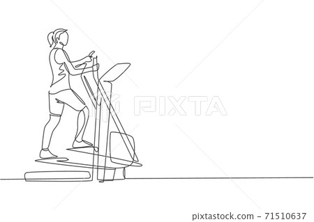 Single continuous line drawing young sportive woman training with elliptical cross in sport gymnasium club center. Fitness stretching concept. Trendy one line draw design vector graphic illustration Single continuous line drawing young sportive woman training with elliptical cross in sport gymnasium club center. Fitness stretching concept. Trendy one line draw design vector graphic illustration 71510637