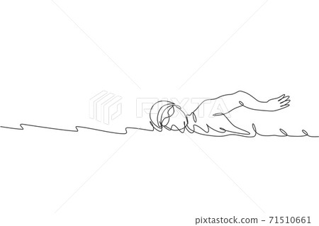 Single continuous line drawing of young happy professional swimmer man focus training in gym swimming pool center. Healthy lifestyle concept. Trendy one line draw graphic design vector illustration 71510661