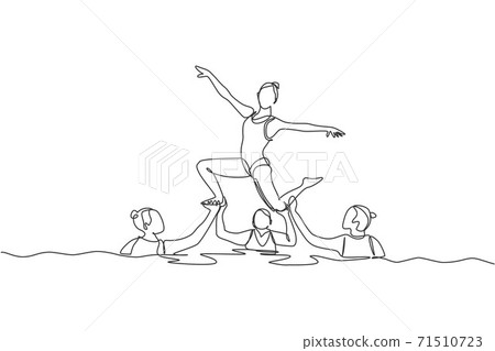 One single line drawing of young beauty women swimmer performing synchronized routine of elaborate moves in the water vector illustration. Team water sport event concept. Modern continuous line draw One single line drawing of young beauty women swimmer performing synchronized routine of elaborate moves in the water vector illustration. Team water sport event concept. Modern continuous line draw 71510723