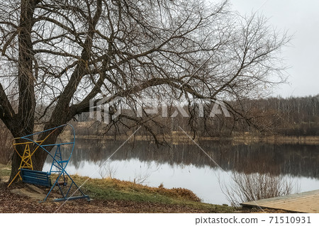 Late autumn landscape with old swings on the lake shore 71510931