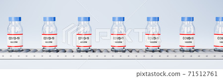 Covid 19 Vaccine Bottles on Conveyor Belt on Light Blue Covid 19 Vaccine Bottles on Conveyor Belt on Light Blue 71512761