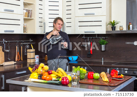 Man in kitchen with glass of water Man in kitchen with glass of water 71513730