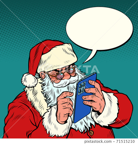 Santa Claus sends messages via mobile tablet. Christmas and New year 71515210