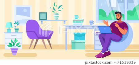 Online education vector illustration with young freelancer working at home office, room interior. 71519339