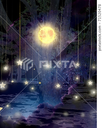 閃亮的月亮,星星和樹木在夜空中出現的剪影 閃亮的月亮,星星和樹木在夜空中出現的剪影 71520478