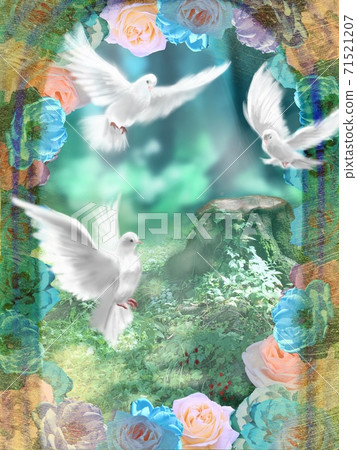 A landscape painting illustration of a stump and grassland where the sun shines through the arch of the rose and white doves dancing together 71521207