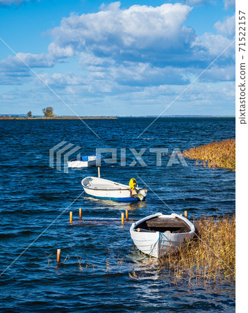 Boats and reeds on the island Moen on the Baltic Sea in Denmark 71522157
