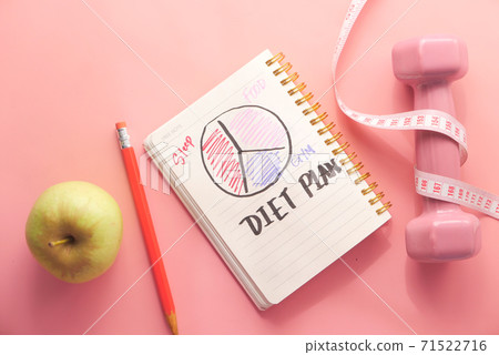 Diet plan with almond nut, dumbbells, apple on table Diet plan with almond nut, dumbbells, apple on table 71522716