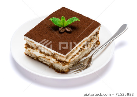 Traditional Italian Tiramisu square dessert portion on ceramic plate isolated on white background with clipping path Traditional Italian Tiramisu square dessert portion on ceramic plate isolated on white background with clipping path 71523988