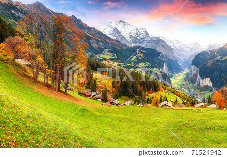 Fabulous autumn view of picturesque alpine Wengen village and Lauterbrunnen Valley 71524942