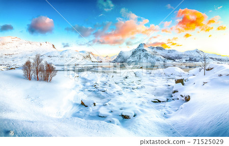 Picturesque frozen Flakstadpollen and Boosen fjords with cracks on ice during sunrise with Hustinden mountain on background on Flakstadoya island 71525029