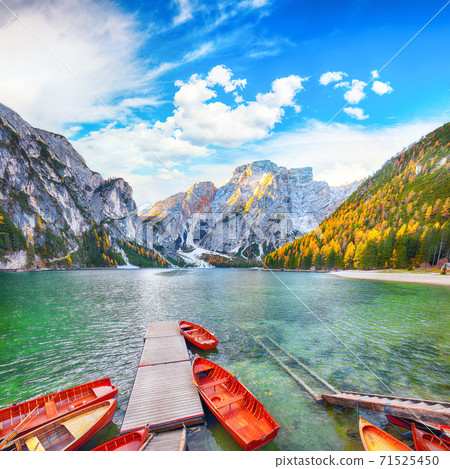 Faantastic scenery of famous alpine lake Braies at autumn 71525450