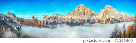 Astonishing autumn sunny landscape with View of Tofana di Rozes and Cinque Torri Astonishing autumn sunny landscape with View of Tofana di Rozes and Cinque Torri 71525460