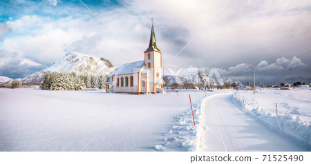 Splendid snowy winter scene of Valberg church on Lofoten Islands. Splendid snowy winter scene of Valberg church on Lofoten Islands. 71525490