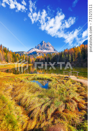 Stunning view of popular travel destination mountain lake Antorno in autumn 71525511