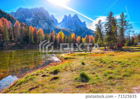 Stunning view of popular travel destination mountain lake Antorno in autumn 71525635