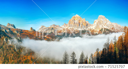 Autumn sunny landscape with View of Tofana di Rozes and Cinque Torri Autumn sunny landscape with View of Tofana di Rozes and Cinque Torri 71525707