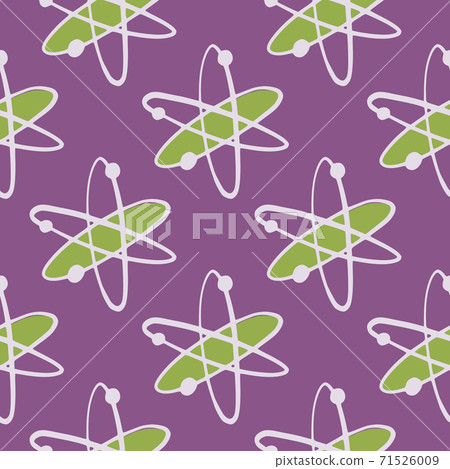 Seamless education print with green and white molecule elements. Purple tone background. Cartoon school print. Seamless education print with green and white molecule elements. Purple tone background. Cartoon school print. 71526009
