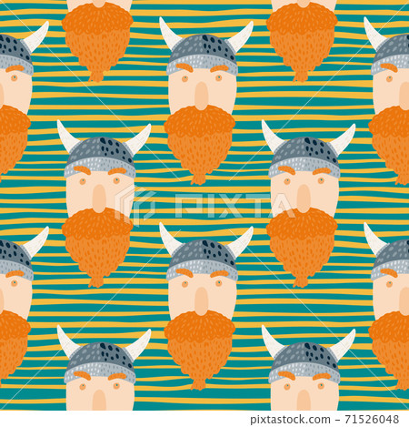 Seamless scandi stylized ancient pattern with viking character faces. Medieval print on striped background. 71526048