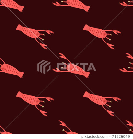 Contrast red lobster seamless pattern. Doodle aquatic animal print with dark brown background. Simple backdrop. 71526049