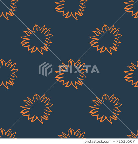 Contrast seamless doodle pattern with orange contoures sun silhouettes. Dark navy blue background. 71526507