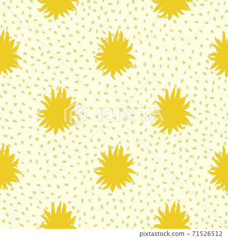 Abstract seamless doodle pattern with yellow sun simple ornament. Light dotted background. Geometric backdrop. 71526512