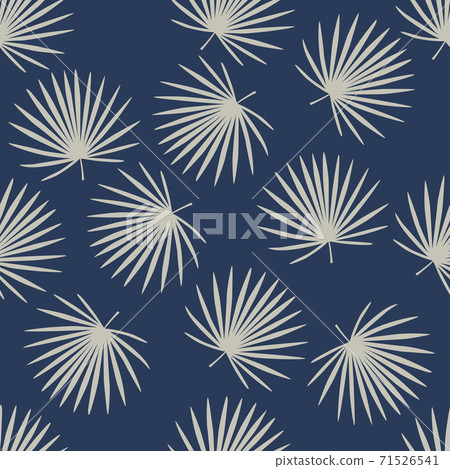 Talipot leaves simple shapes seamless doodle pattern. Light random tropical foliage silhouettes on navy blue background. Talipot leaves simple shapes seamless doodle pattern. Light random tropical foliage silhouettes on navy blue background. 71526541