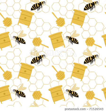 Doodle seamless pattern with yellow bee, beehive, honeyspoon silhouettes. White background with honeycombs. 71526543