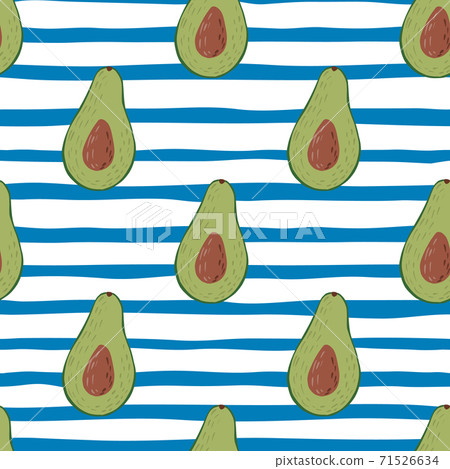 Bright seamless food pattern with avocados elements. Green colored fruits on stripped background with white and blue lines. 71526634