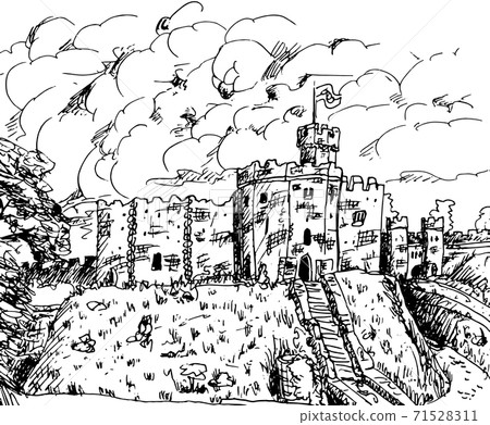 Towers and stone walls in a Castle in Wales Towers and stone walls in a Castle in Wales 71528311