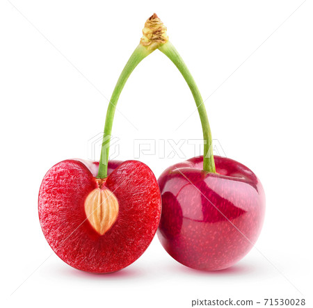 Two isolated cherries, one cut in half Two isolated cherries, one cut in half 71530028