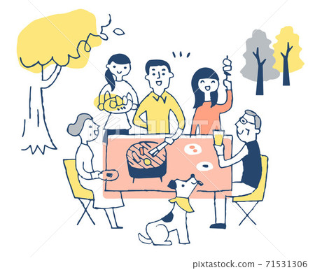 Family enjoying barbecue outdoors 71531306
