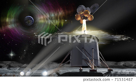 Exploration of the moon. Base on the lunar surface with stunning views of the starry sky and planet Earth in a halo of multicolored waves.  71531487