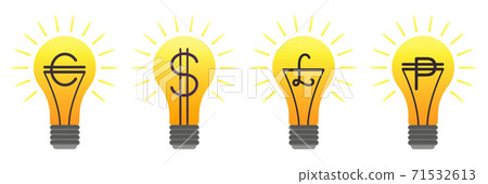 Set of colorful vector lightbulbs with currency 71532613