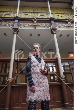 young pretty blond girl posing in fashion style at vintage europe hall interior, lifestyle rich people concept young pretty blond girl posing in fashion style at vintage europe hall interior, lifestyle rich people concept 71532688