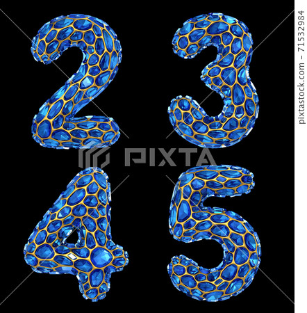 Number set 2, 3, 4, 5, made of 3d render diamond shards blue color. 71532984