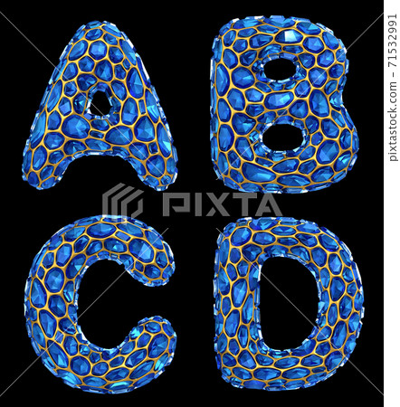 Letter set A, B, C, D made of realistic 3d render blue diamond. Collection of Diamond alphabet 71532991