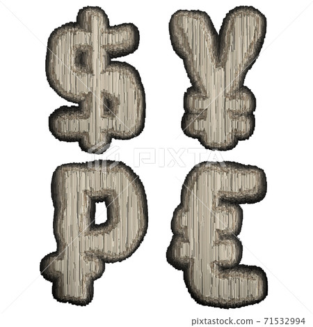 Set of symbols dollar, yen, rouble and euro made of industrial metal 3D 71532994