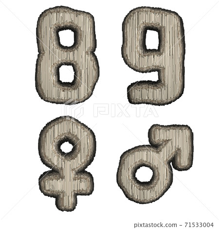Set of numbers 8, 9 and symbols female, male made of industrial metal 3D 71533004