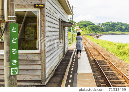 Blue sky and summer Todoroki station, one woman waiting for the train, Fukaura Town, Aomori Prefecture Blue sky and summer Todoroki station, one woman waiting for the train, Fukaura Town, Aomori Prefecture 71533469