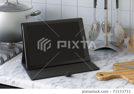 Tablet computer on the kitchen table. 3D rendering - Stock Illustration ...