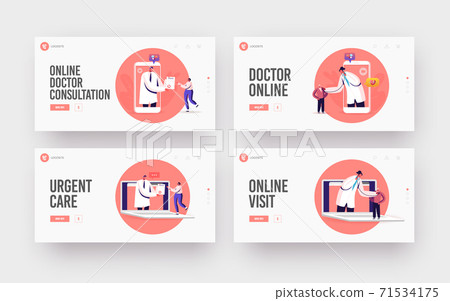 Distant Online Medicine, Medical Technologies Landing Page Template Set. Doctors Listen Heart Beating from Huge Gadget Distant Online Medicine, Medical Technologies Landing Page Template Set. Doctors Listen Heart Beating from Huge Gadget 71534175