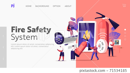 Fire Safety System Landing Page Template. People Get Notification from Smartphone about Fire. People with Extinguisher 71534185