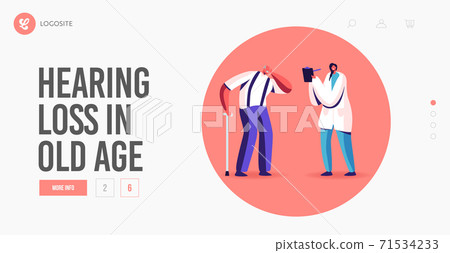 Senior Character at Medical Hear Exam Landing Page Template. Old manSuffering of Hearing Impairment Visiting Doctor 71534233