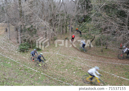 Bicycle racers running in the forest (bicycle race cyclocross) 71537155