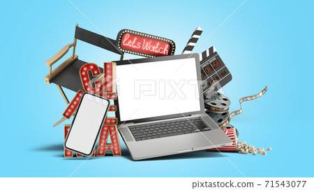 Online theatre cinema had light concept nave lets watch cinema 3d render on blue gradient Online theatre cinema had light concept nave lets watch cinema 3d render on blue gradient 71543077