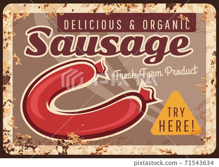 Sausage rusty metal plate with fresh farm product Sausage rusty metal plate with fresh farm product 71543634