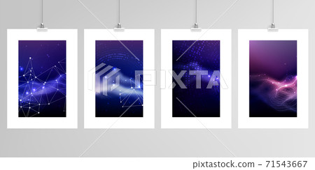 Realistic vector layouts of A4 format mockup design templates for brochure, flyer, cover design, book, magazine, brochure, poster. Digital data visualization, polygonal science dark background. 71543667