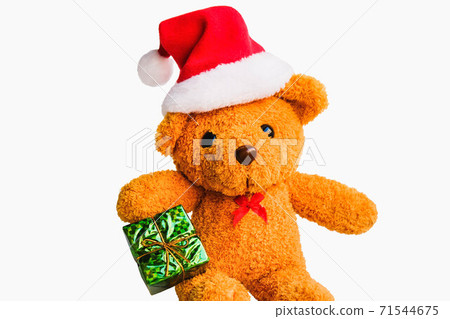 Cute brown bear wearing Santa outfits and hats. Happy smile with many colorful gift boxes isolated on white background,Christmas day and New Year's gifts 71544675