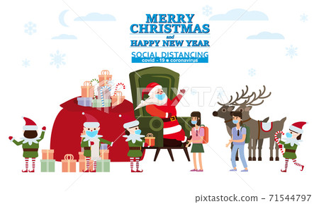 Merry Christmas and Happy New Year Santa Claus with his elf helpers and deers gives gifts to children in his residence. In conditions of the COVID 2019 pandemic in medical masks, Social distancing Merry Christmas and Happy New Year Santa Claus with his elf helpers and deers gives gifts to children in his residence. In conditions of the COVID 2019 pandemic in medical masks, Social distancing 71544797
